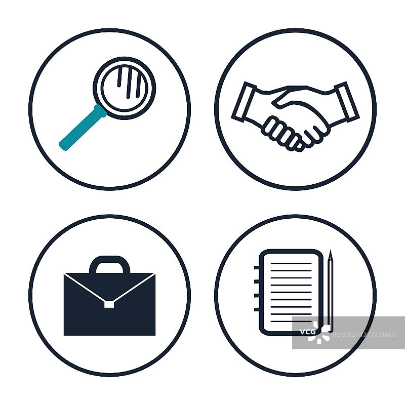 放大镜与公文包隔离图标矢量集：握手协议与笔记本图片素材