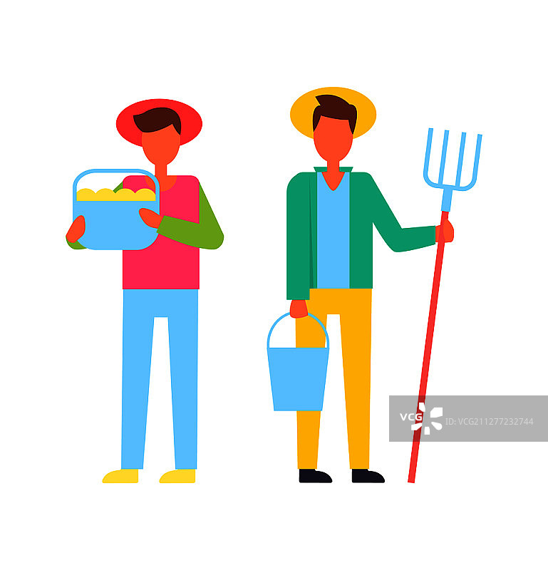 农民使用工具干草叉和装满成熟水果的桶。从农场收集的收成和生产男性图标集矢量图。农民使用工具矢量图图片素材