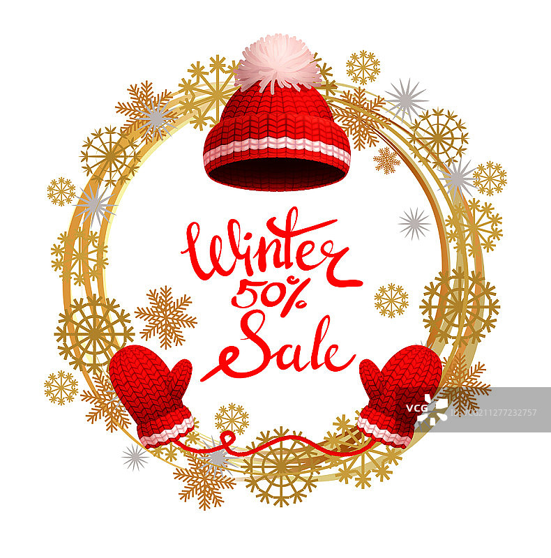 冬季五折促销海报，金色雪花花环中的红色帽子和针织手套。羊毛手套和帽子矢量素材。图片素材