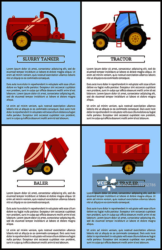 农业机械设备卡通矢量：压实拖拉机和泥浆罐车、谷物拖车和打捆机、新技术设备海报与文本范例，农业机械拖拉机，谷物拖车打捆机图片素材