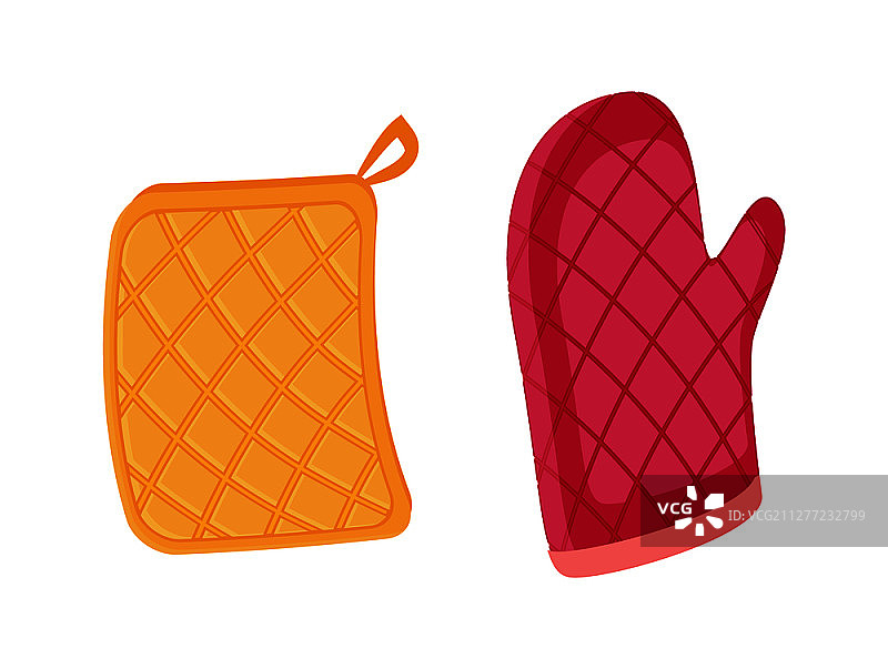 隔热垫和烤箱手套矢量图标套装，带方格图案的防护织物，保护手部免受烧伤的手套矢量图图片素材