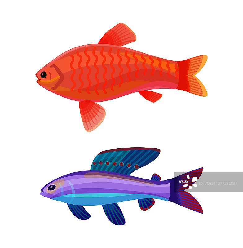 水族箱金鱼和蓝色生物卡通矢量插画图片素材