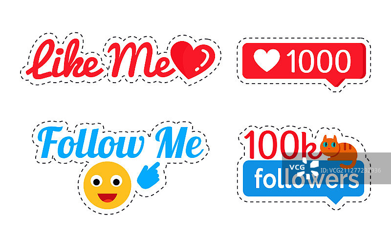 关注和点赞我，粉丝数量贴纸矢量素材。小猫和微笑表情符号以及带数字的心。猫和拇指指着上面的文字。关注和点赞我，粉丝数量矢量素材图片素材