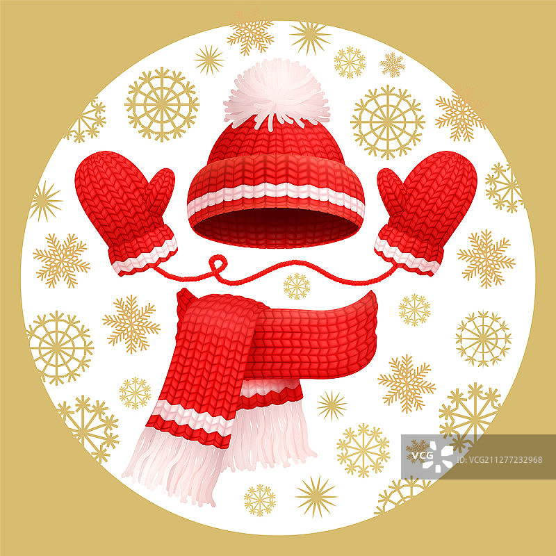 冬季红色针织围巾手套帽子三件套矢量图图片素材