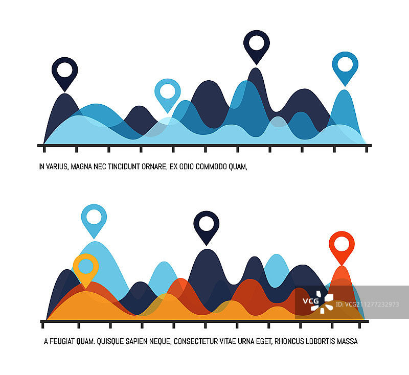 研究结果信息图可视化矢量，带有刻度文本示例数据说明的流程图布局位置指针图片素材