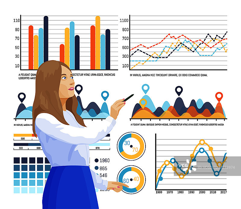 信息图表与信息结构，思考信息图讲解的女性矢量图。公司战略规划，流程图和饼图集。信息图表与信息结构，思考的女性图片素材