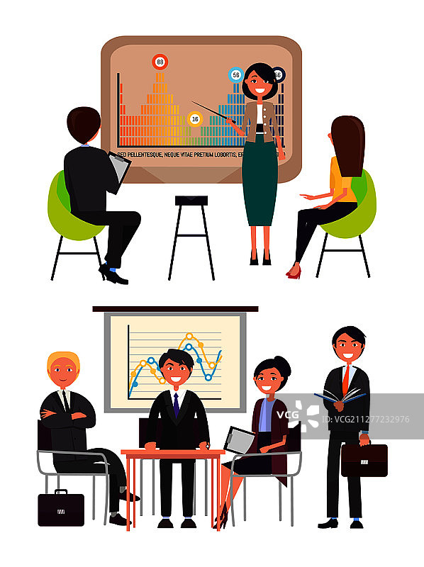 商务会议上的信息图表战略演示矢量图：团队在研讨会上与演示者合作，分析数据、流程图和图表图片素材
