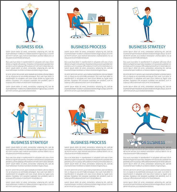 商业流程、创意与成功：商人矢量素材，包含网页文本、通话、工作和奖杯图片素材