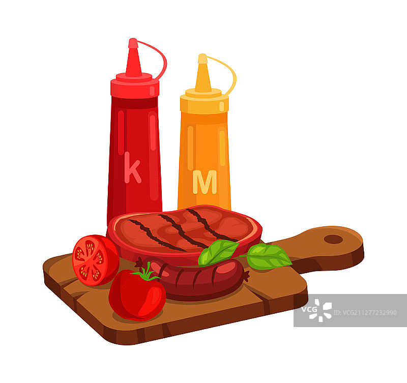 烧烤套餐：烤牛排香肠配番茄香草和酱汁图片素材