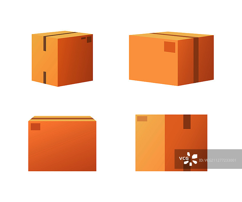 从侧面、背面和正面观察的闭合包裹图标矢量图。矩形包装盒模型，3D 2.5D符号。用于商品购物的运输存储。图片素材