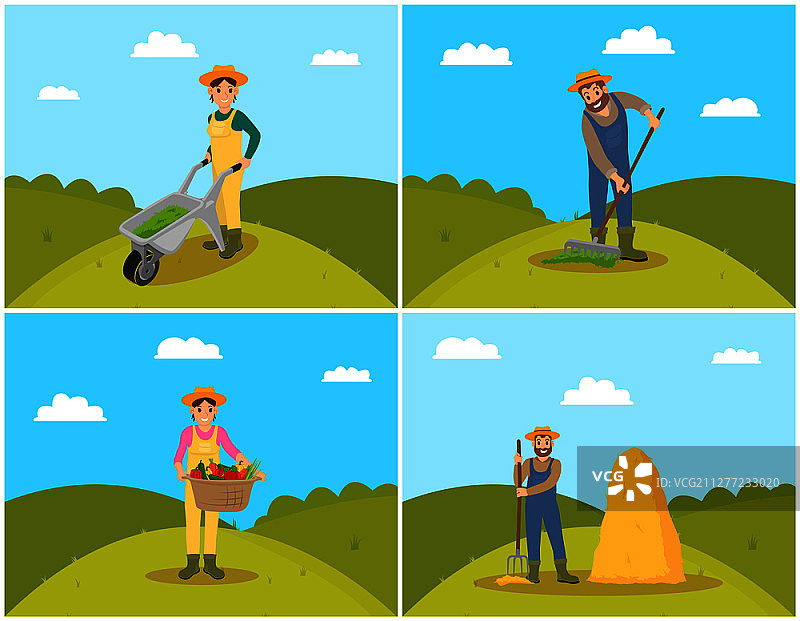 农民用手推车装满堆肥为土壤施肥，妇女用柳条筐装蔬菜、西红柿和胡萝卜，干草堆矢量图图片素材
