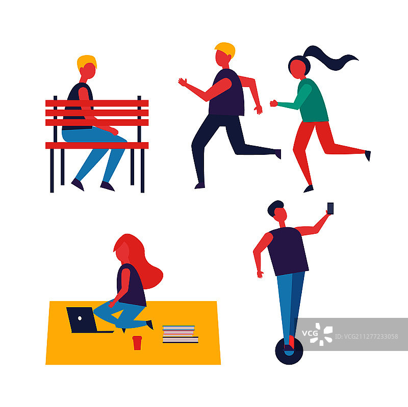 跑步人物、情侣和自由职业者使用笔记本电脑的图标合集。男人坐在长凳上，人们骑着悬浮滑板，男女矢量图。跑步人物和自由职业者矢量图图片素材