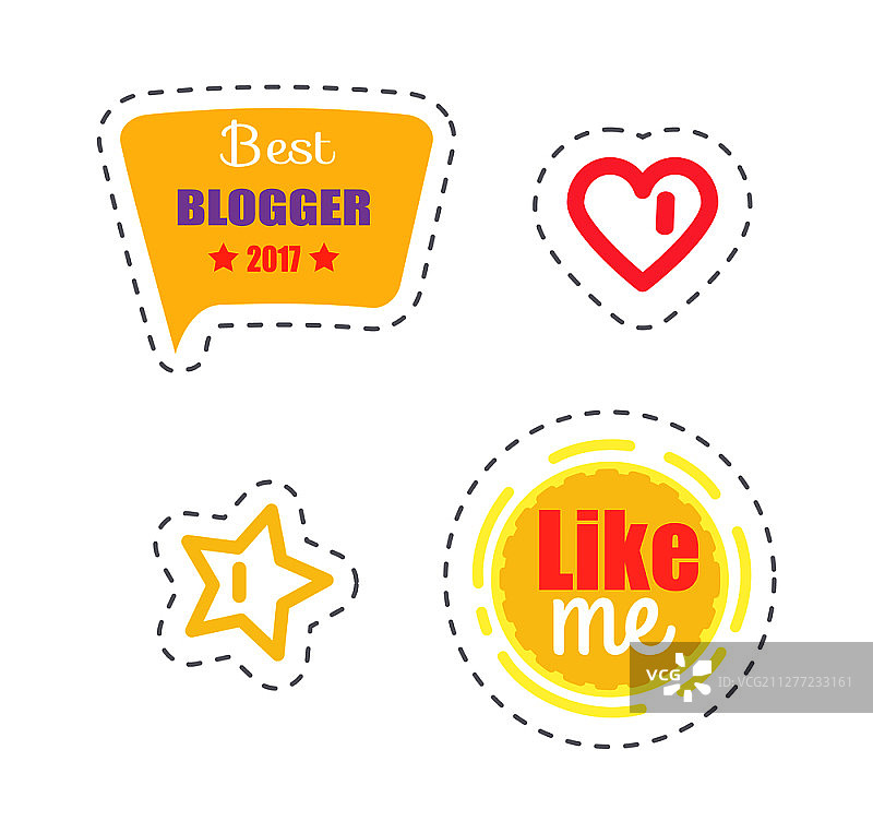 点赞我和最佳博主奖贴纸矢量素材：包含爱心、人气标志和星星等图标，以及对话气泡图片素材