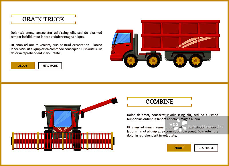 谷物卡车和联合收割机矢量图：含文字和农业机械的海报，用于收割和运输作物图片素材