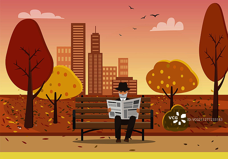 在秋季城市公园长椅上阅读报纸的老年男人矢量图。背景是摩天大楼、城市建筑和落叶树木图片素材