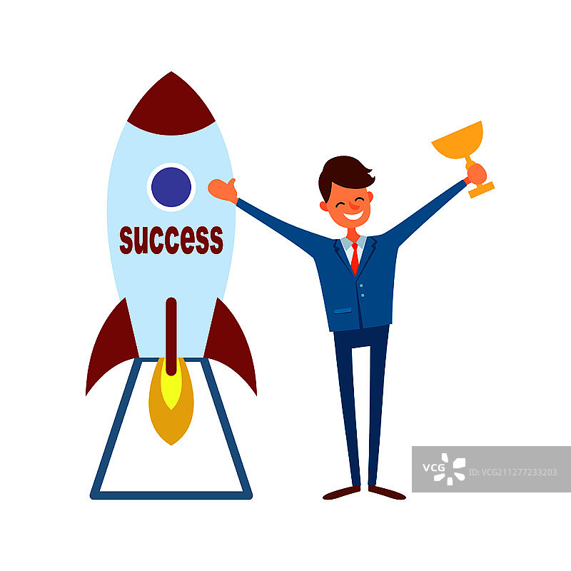 获得成功，快乐的商人手持奖杯，火箭准备开始燃烧。职业生涯中取得最佳成绩的概念，矢量图片素材
