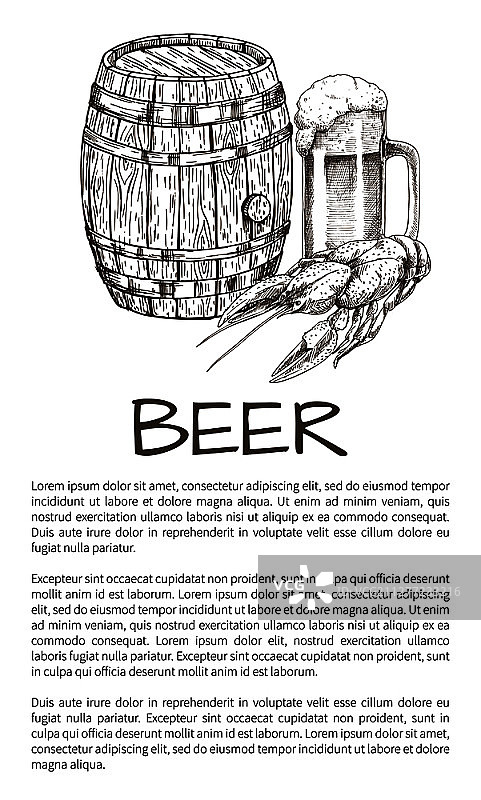 啤酒屋宣传素描风格木制啤酒桶和啤酒杯图片素材