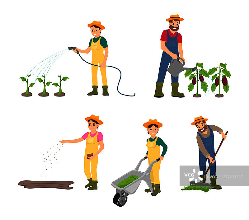 务农男子与水壶矢量隔离图标合集：妇女在手推车中堆肥，农田劳作，播种妇女和耙地男子。务农男子与水壶图标集矢量图图片素材