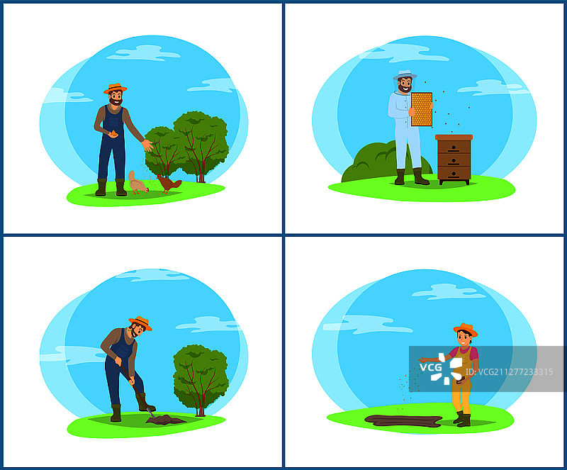 土地上的养蜂人拿着蜂巢，以及孤立的工作农民组合。男人喂鸡，人挖土，女人从袋子里播种矢量图。土地和农民矢量图上的养蜂人图片素材