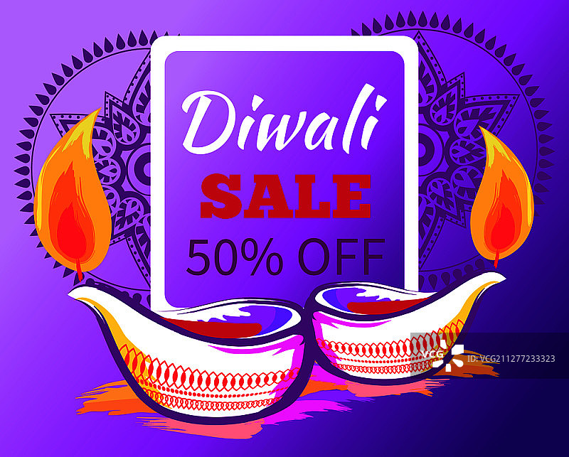 排灯节促销-50折扣标志，紫色背景上的节日蜡烛矢量图图片素材
