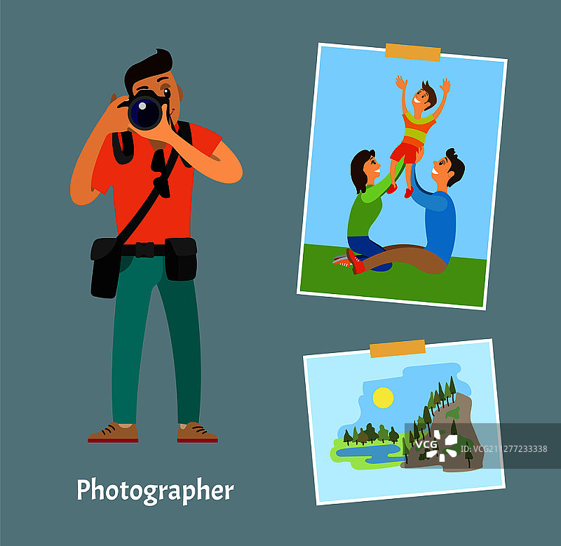 摄影师与数码相机和照片，草坪上的家庭和山景摄影卡通矢量插图图片素材