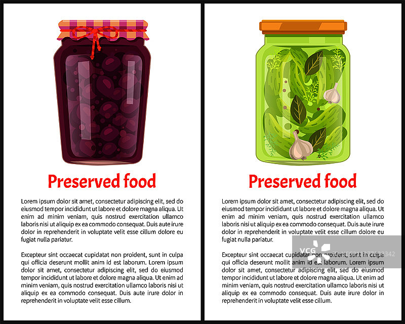 罐装李子和黄瓜腌制食品banner：容器中的水果或蔬菜、甜蜜饯、咸味腌料矢量图，李子和黄瓜腌制食品banner图片素材