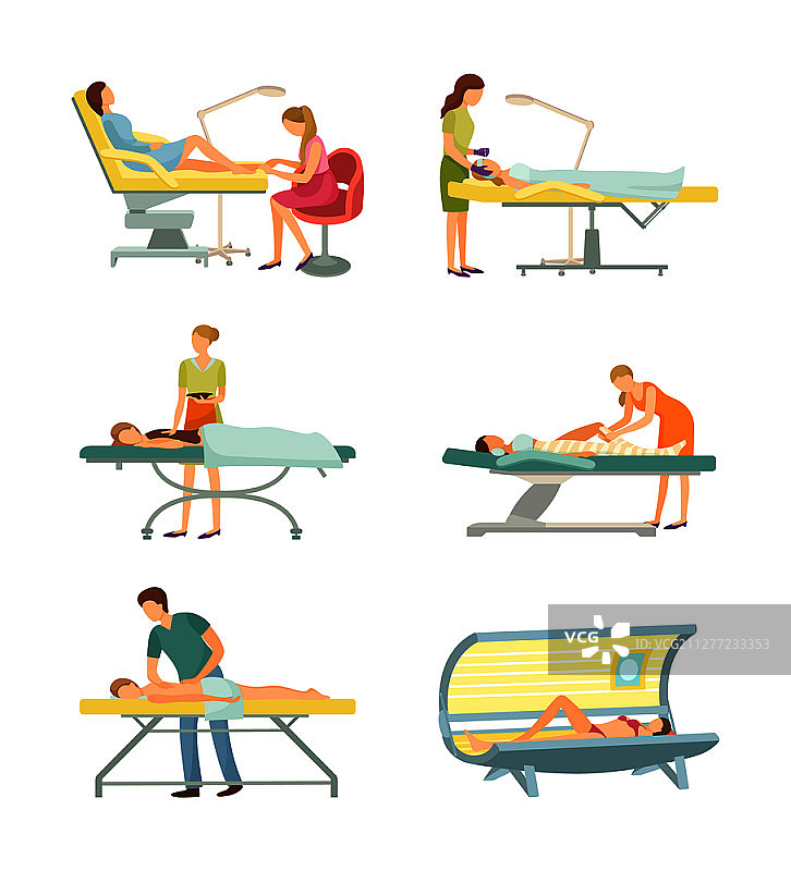 水疗沙龙足部护理和美黑过程图标矢量图：日光浴室、足疗师工作、按摩、巧克力身体护理、裹敷和美容师。水疗沙龙足部护理和美黑过程套装矢量图图片素材