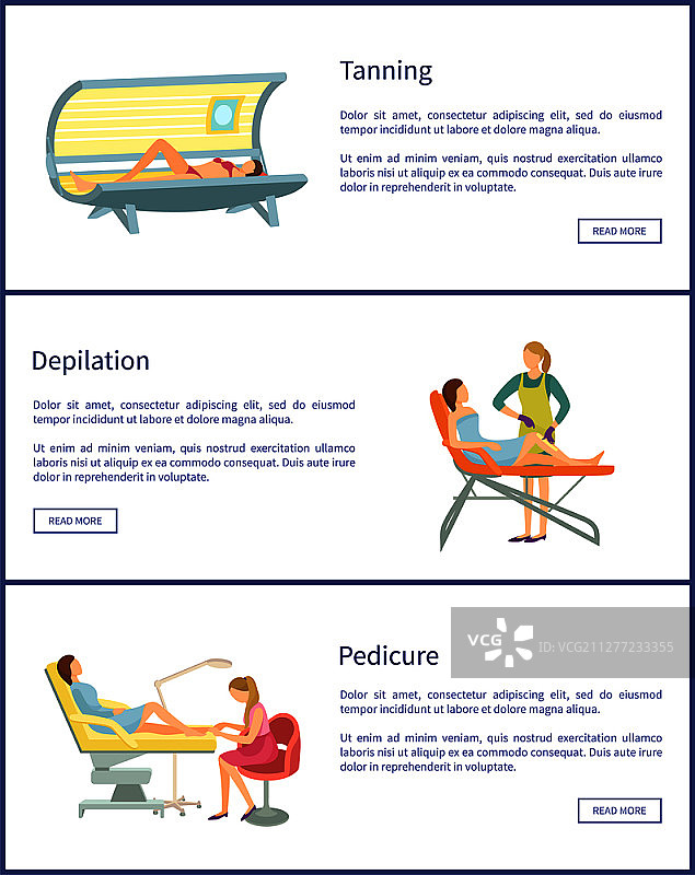 美黑水疗沙龙程序海报：使用蜡条脱毛，在日光浴室中获得美黑效果矢量图图片素材