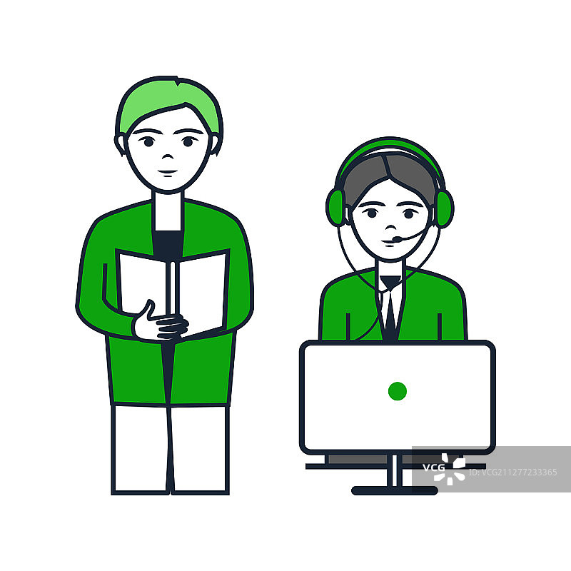 男女不停在电脑前工作的海报。呼叫中心热线接线员接听电话矢量图。公司代表回答问题。男女不停在电脑前工作的海报图片素材