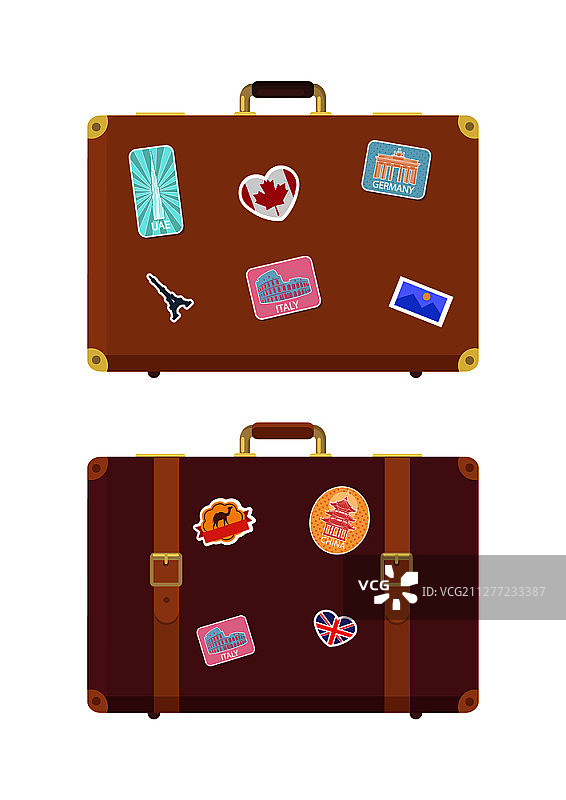 带贴纸的行李旅行包隔离图标矢量素材。法国和英国国旗，阿联酋建筑，意大利罗马。行李上的古罗马斗兽场标志。带贴纸的行李旅行包图标矢量素材图片素材