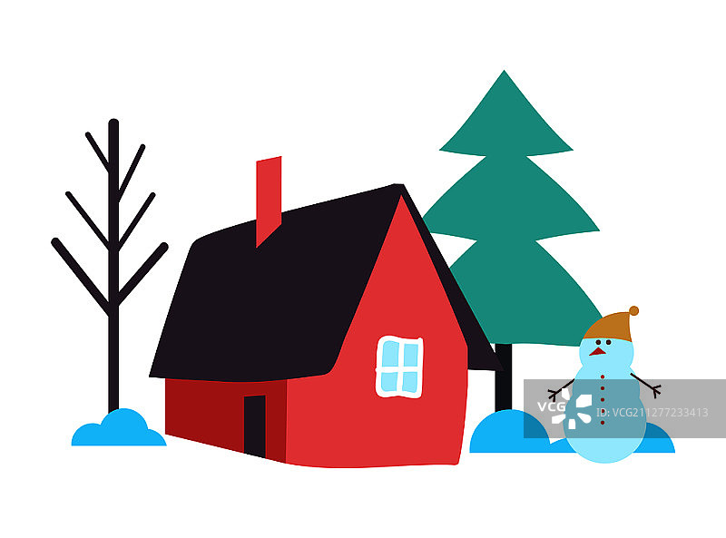 带房屋花园的树木户外景色矢量图：冬季雪人与房屋松树图片素材