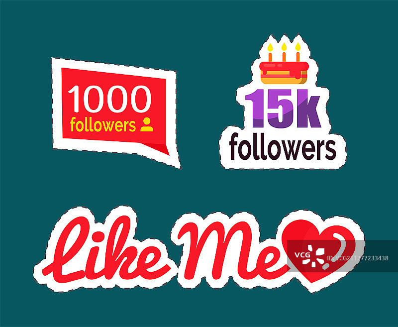 庆祝大量用户关注的点赞、粉丝数量和蛋糕贴纸矢量图：心形流行标志图片素材