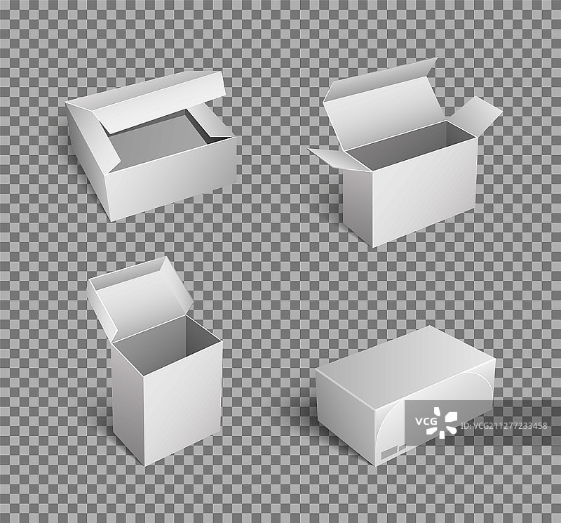 顶部打开的纸箱：透明背景上隔离的空包装图标矢量图，纸板存储物品、储存和保存货物、运输。图片素材