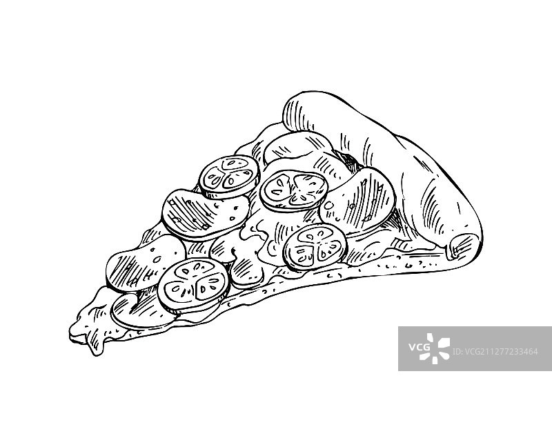 手绘披萨切片单色矢量插画：用于餐厅菜单和咖啡馆宣传册图片素材