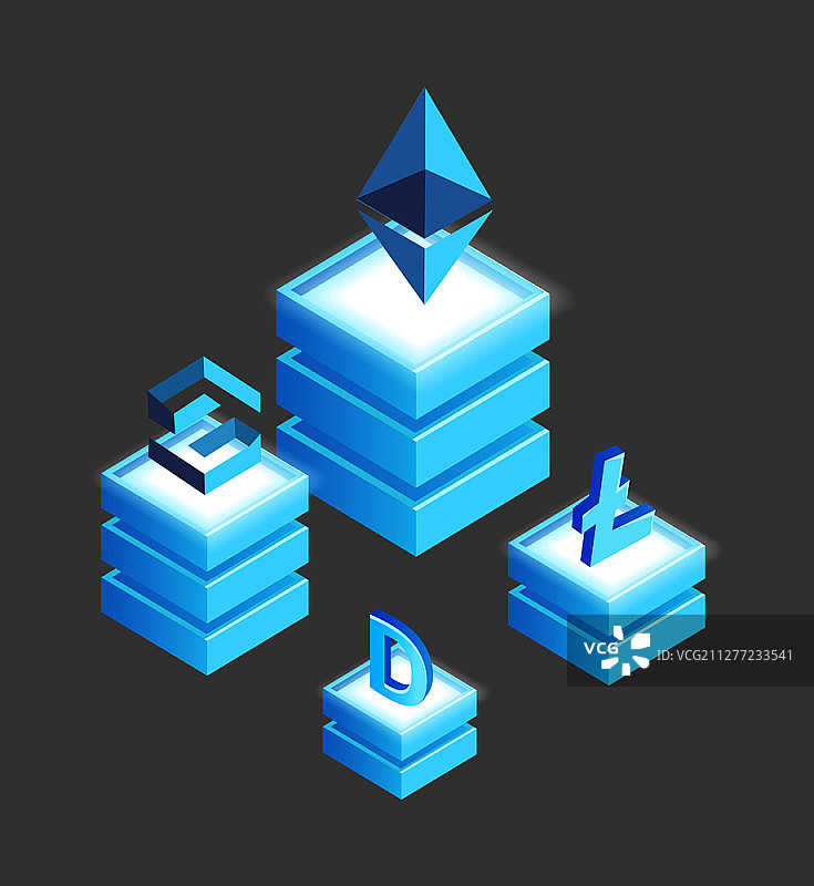 比特币和美元稳定货币隔离等距3D图标矢量图，莱特币、以太坊瑞波币和狗狗币加密货币金融币在平台上，比特币、莱特币、以太坊、瑞波币和狗狗币图片素材