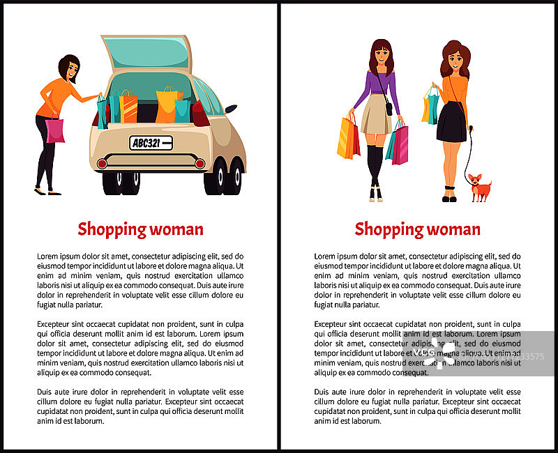 购物女郎肩挎购物袋矢量素材：将商品放入汽车，宠物促销海报图片素材