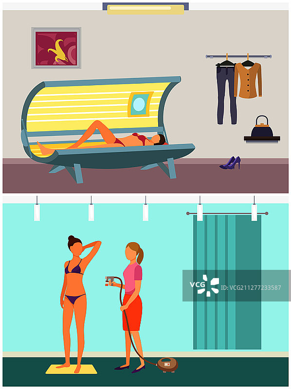 日光浴床与喷雾晒黑方法矢量图图片素材