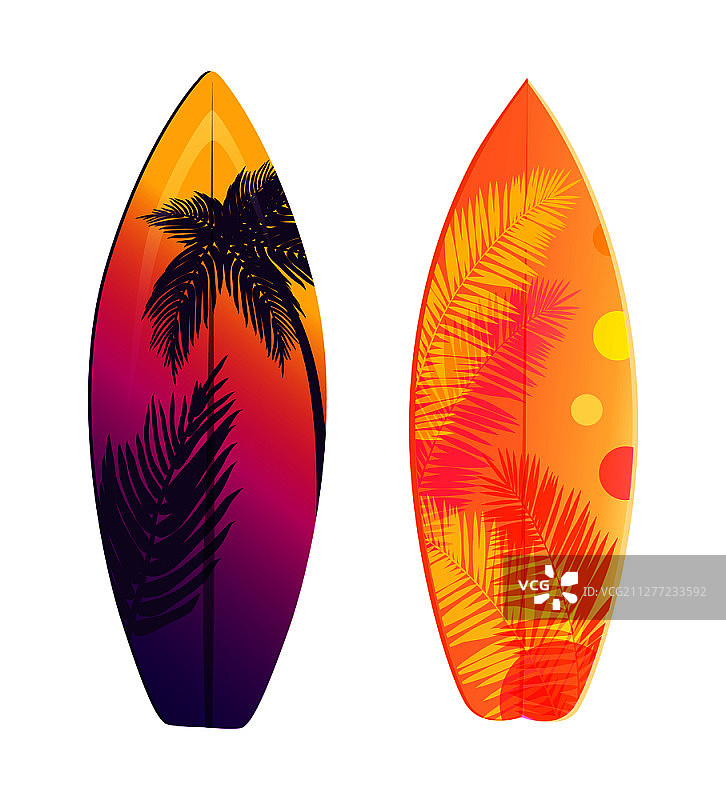 冲浪板矢量横幅，夏季假日主题，带有棕榈叶印花的冲浪板，游泳设备正面图，海滨度假主题图片素材
