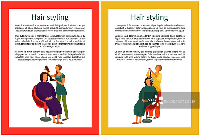 水疗沙龙中的发型设计：发型师使用吹风机为顾客理发。海报：女士发型变化和新造型图片素材