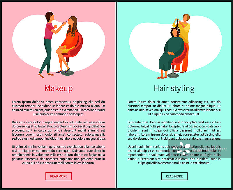 化妆和发型设计网页海报，含文本：水疗沙龙美容师和美发师矢量素材。女性设计新发型、波浪发、面部美化。化妆和发型设计海报套装文本水疗沙龙图片素材