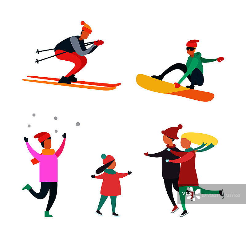 人们的冬季爱好和活动：滑雪、滑冰、滑雪板，亲子时光图片素材