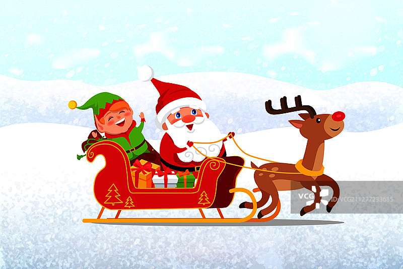 圣诞老人和精灵乘坐驯鹿雪橇矢量卡通形象，新年圣诞节主题与礼品盒图片素材