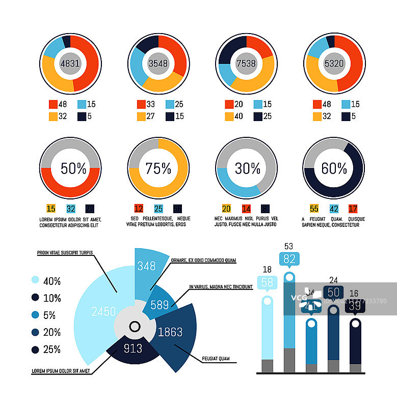 百分比数字信息饼图矢量素材：可视化圆形图表图片素材