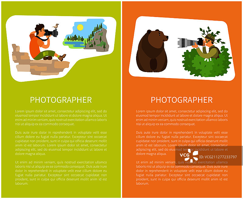 摄影师使用摄影器材拍摄照片。摄影记者和报道员正在拍摄带有文字的山脉和熊动物海报图片素材