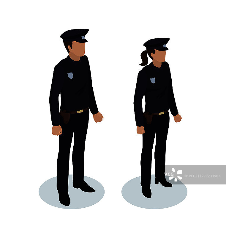 穿黑色制服、佩戴徽章的男女警察。保护民众免受犯罪侵害的警务人员。3D 2.5D警察矢量素材图片素材