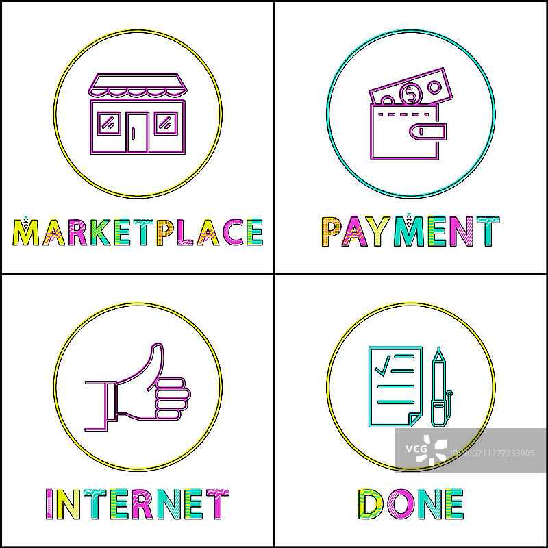 市场和支付设置。装满钱币的钱包、互联网和带笔的清单。互联网活动大纲海报矢量图。市场和支付设置矢量图图片素材
