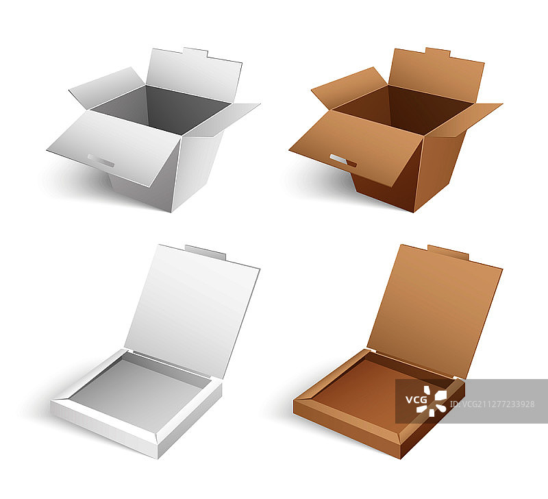 无标签的开放式披萨盒矢量隔离。食品包装盒，用于运送食品的包装模板逼真设计模型。图片素材