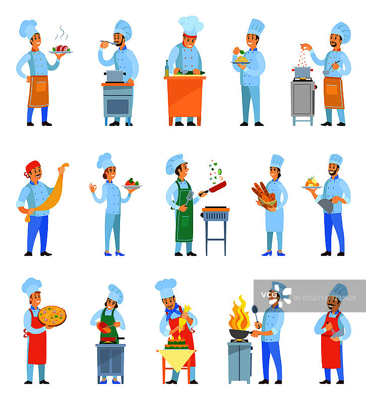 男女厨师在厨房烹饪矢量素材：煎炸食物，制作披萨、意面、面包和甜点蛋糕，摆盘上菜图片素材