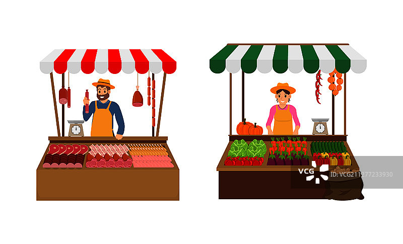 市场上的农民商贩矢量图，带有售卖蔬菜和肉制品的帐篷和售货亭的独立图标。猪肉和鸡肉，辣椒和西红柿。市场上的农民商贩矢量图例图片素材