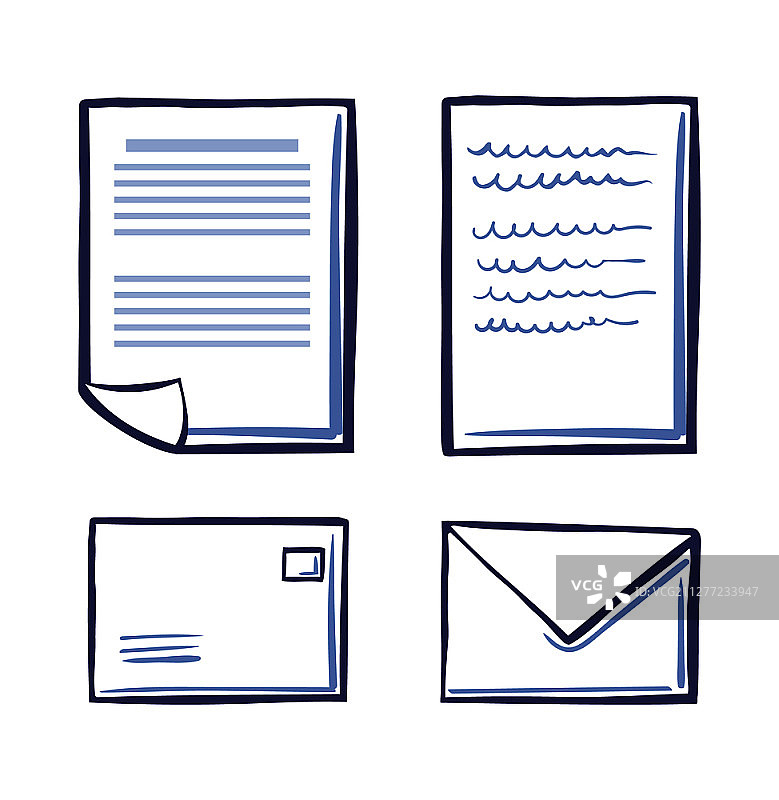办公文件和信封图标素材：已签署的合同、文本和签名矢量图图片素材